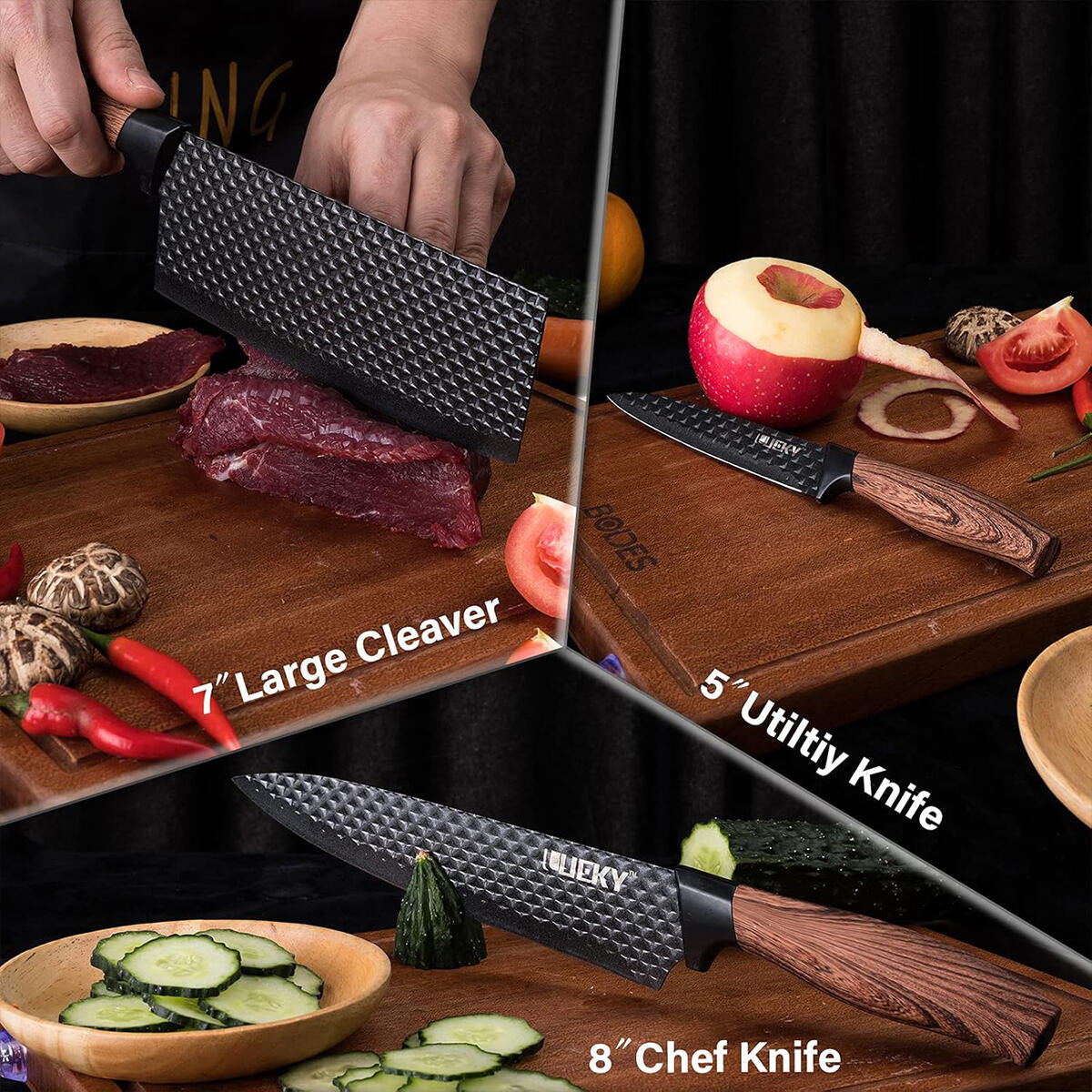 Juego de cuchillos de cocina 6 piezas con pelador y tijeras – Accesorios de cocina negro afilado