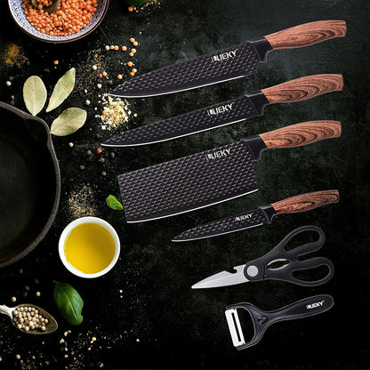 Juego de cuchillos de cocina 6 piezas con pelador y tijeras – Accesorios de cocina negro afilado