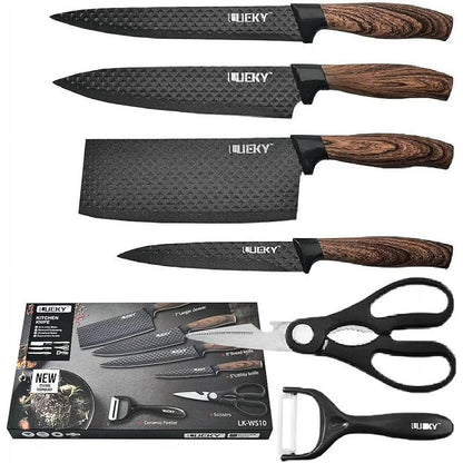 Juego de cuchillos de cocina 6 piezas con pelador y tijeras – Accesorios de cocina negro afilado